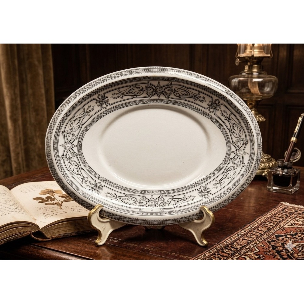 1887 Antique Copeland Spode Ironstone Oval Platter Black Transferware Greek Key